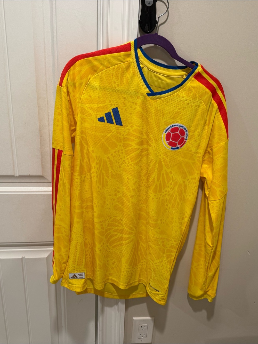 adidas Yellow Colombia Long-Sleeve Soccer Top with Red & Blue Accents 2 quantity